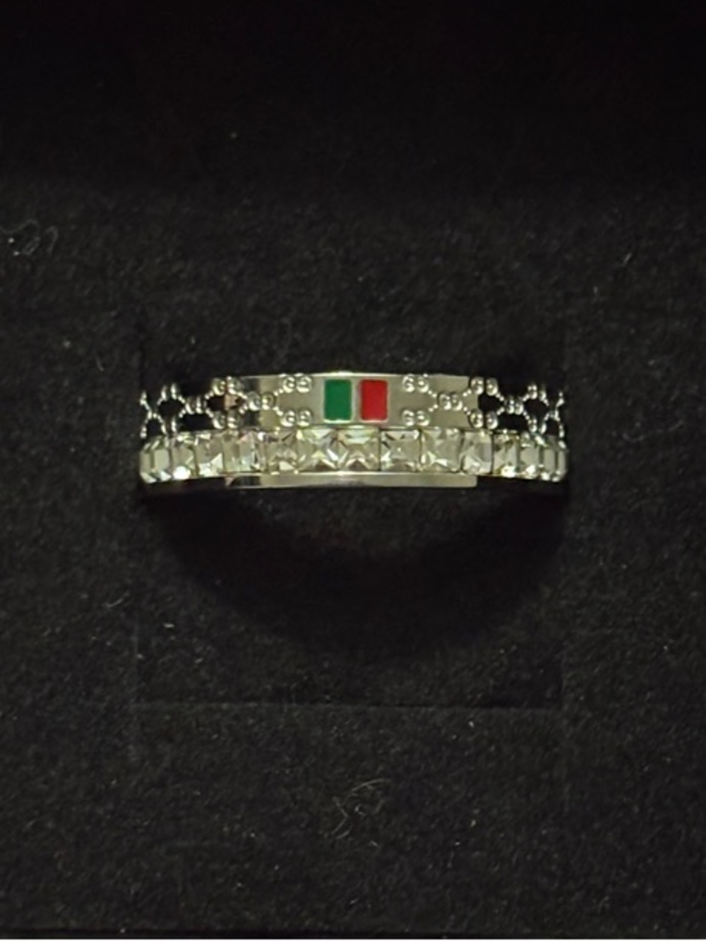 Silver GG Inscribed Ring with Diamond Embellishments